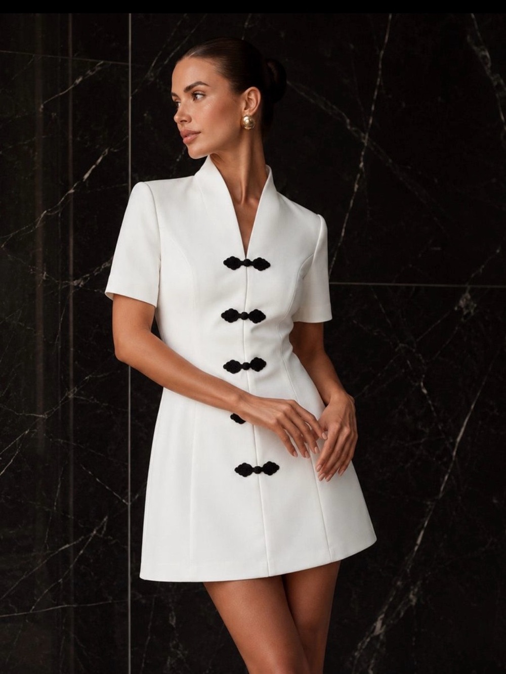 Commense White Mini Dress with Black Knot Closures